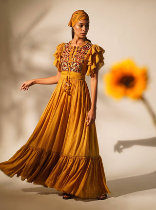 Nikita Mhaisalkar-Mustard Embellished Maxi Dress With Belt-INDIASPOPUP.COM