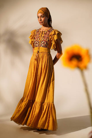 Nikita Mhaisalkar-Mustard Embellished Maxi Dress With Belt-INDIASPOPUP.COM