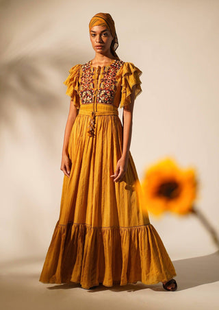 Nikita Mhaisalkar-Mustard Embellished Maxi Dress With Belt-INDIASPOPUP.COM