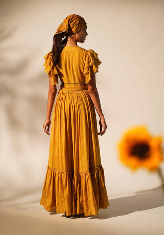 Nikita Mhaisalkar-Mustard Embellished Maxi Dress With Belt-INDIASPOPUP.COM