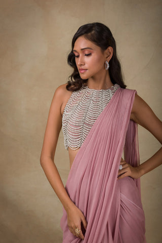 Ridhi Mehra - Onion Pink Embroidered Drape Saree - INDIASPOPUP.COM