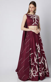 Pink Peacock Couture-Wine Embroidered Blouse With Lehenga-INDIASPOPUP.COM