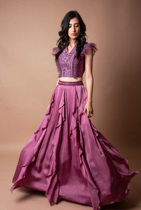 K-Anshika-Pink Ruffled Skirt With Frill Crop Top-INDIASPOPUP.COM