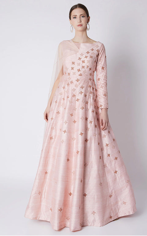 Pink Peacock Couture-Rose Pink Draped Embroidered Gown-INDIASPOPUP.COM