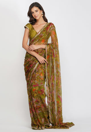 Devyani Mehrotra-Green Leaf Print Saree Set-INDIASPOPUP.COM