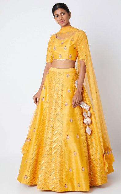 Pink Peacock Couture | Yellow Embroidered Lehenga Set | INDIASPOPUP.COM