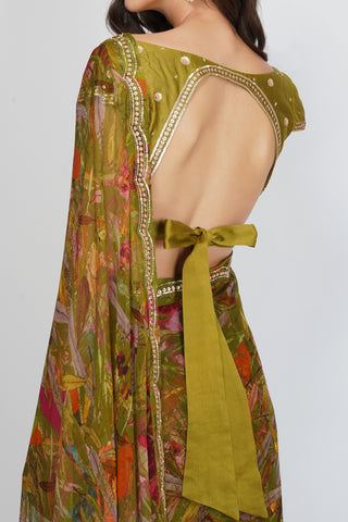 Devyani Mehrotra-Green Leaf Print Saree Set-INDIASPOPUP.COM