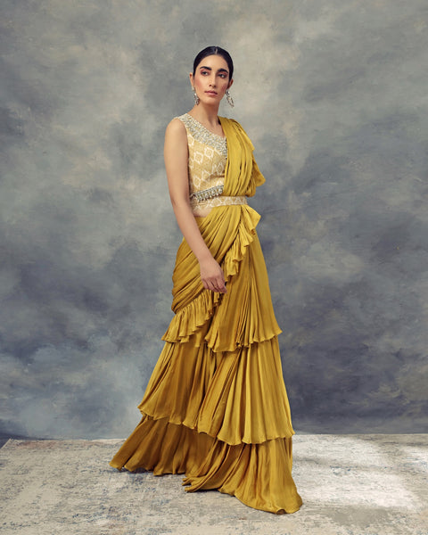 Bhumika Sharma-Mustard Yellow Layered Saree-INDIASPOPUP.COM
