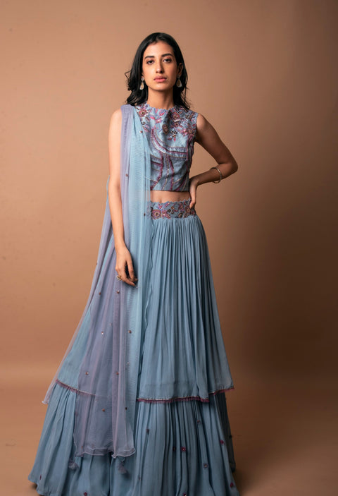 K-Anshika-Ice Blue Layered Skirt & Frilled Crop Top-INDIASPOPUP.COM