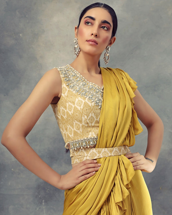 Bhumika Sharma-Mustard Yellow Layered Saree-INDIASPOPUP.COM