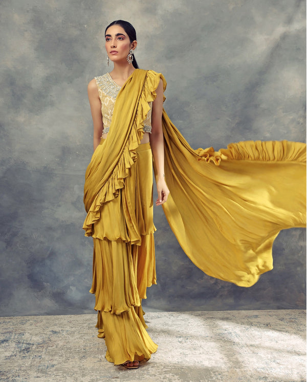 Bhumika Sharma-Mustard Yellow Layered Saree-INDIASPOPUP.COM