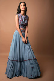 K-Anshika-Ice Blue Layered Skirt & Frilled Crop Top-INDIASPOPUP.COM