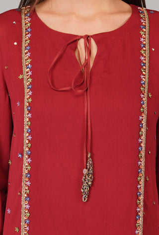 Devyani Mehrotra-Garnet Flower Sequin Tunic Set-INDIASPOPUP.COM