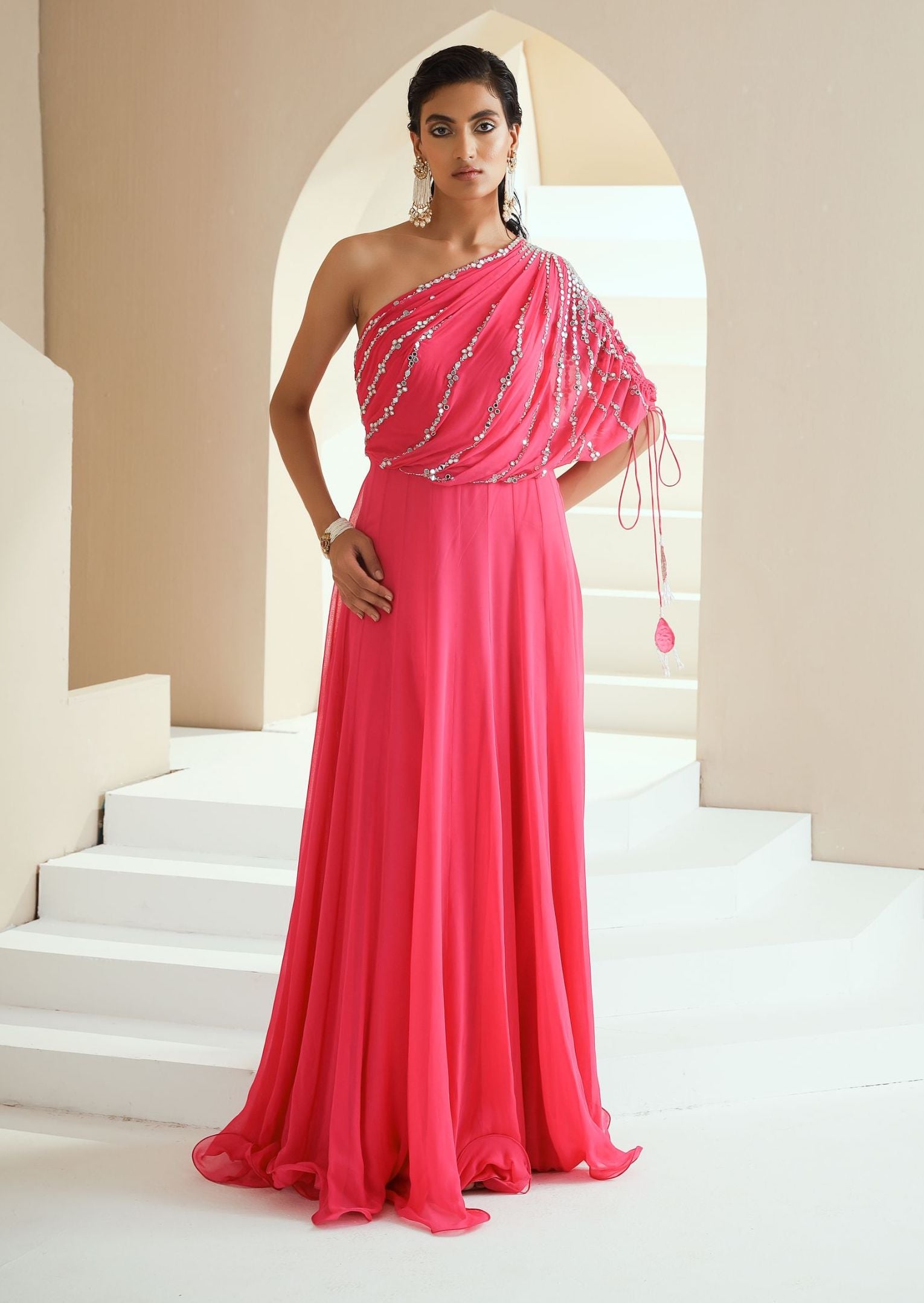 Hot Pink Draped One Shoulder Gown L Hot Pink Draped One Shoulder Gown L