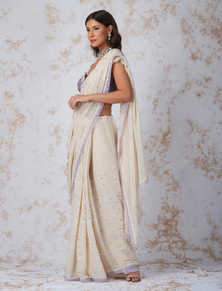 Devyani Mehrotra-Deep Ivory Sequinned Saree With Stitched Blouse-INDIASPOPUP.COM