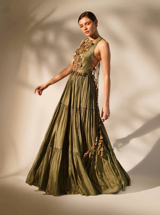 Nikita Mhaisalkar-Olive Green Halter Neck Maxi Dress-INDIASPOPUP.COM