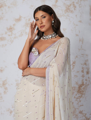 Devyani Mehrotra-Deep Ivory Sequinned Saree With Stitched Blouse-INDIASPOPUP.COM