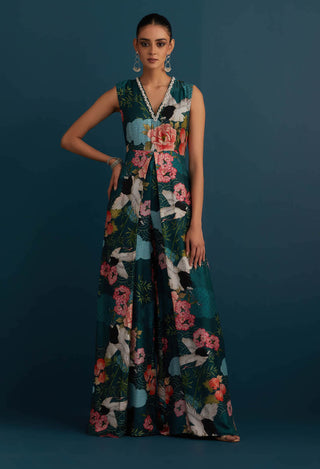 House Of Pink-Blue Embroidered Printed Jumpsuit-INDIASPOPUP.COM