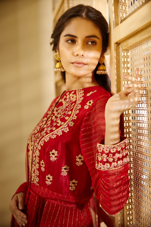 Shyam Narayan Prasad-Coral Red Anarkali Set-INDIASPOPUP.COM