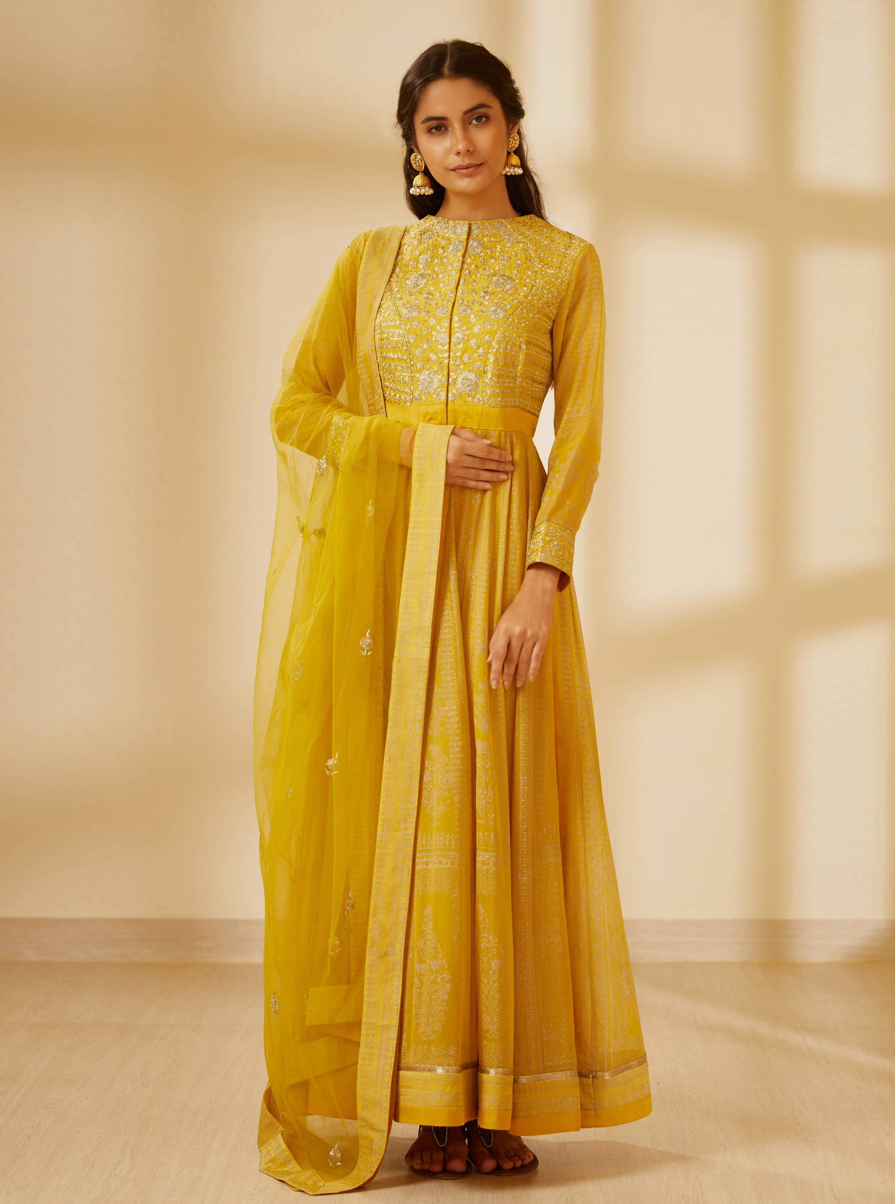 silk anarkali dress Yellow Embroidered Silk Indian & Pakistani Anarkali Gown, Silk / DarkKhaki / XL(42)