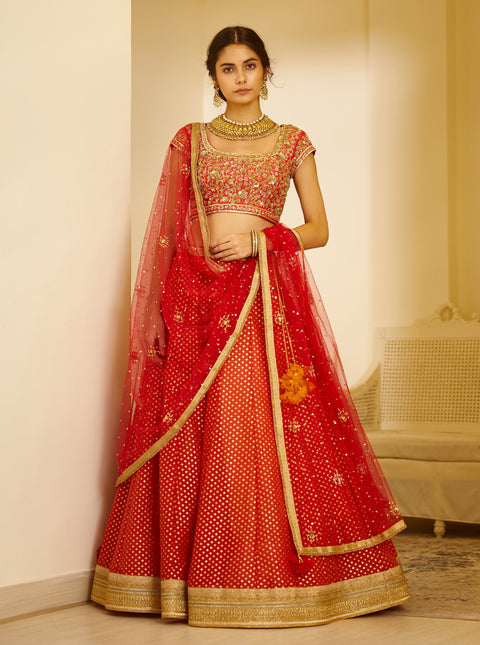 Shyam Narayan Prasad-Orange & Red Embroidered Lehenga Set-INDIASPOPUP.COM