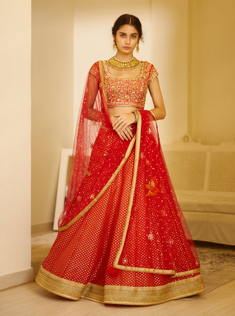 Shyam Narayan Prasad-Orange & Red Embroidered Lehenga Set-INDIASPOPUP.COM