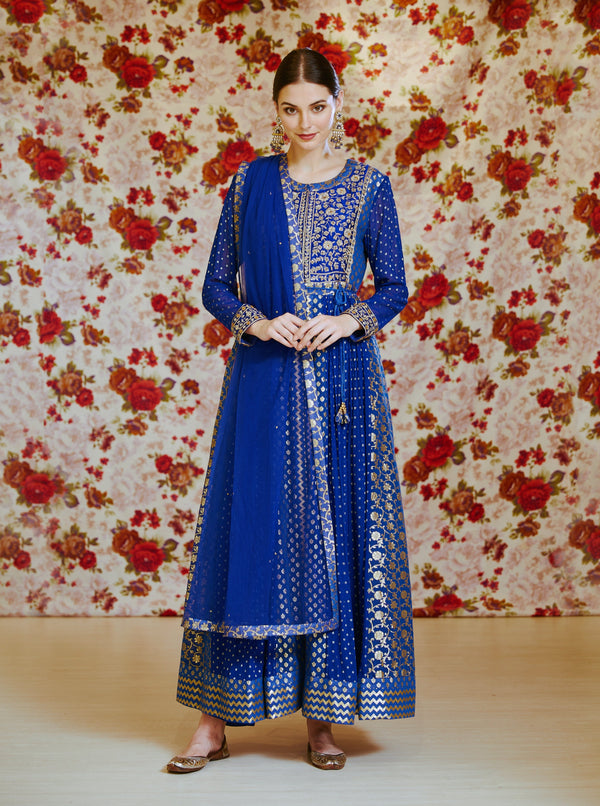 Shyam Narayan Prasad-Royal Blue Embroidered Anarkali Set-INDIASPOPUP.COM