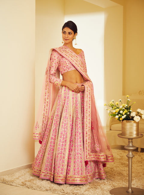 Shyam Narayan Prasad-Light Pink Gota And Thread Lehenga Set-INDIASPOPUP.COM