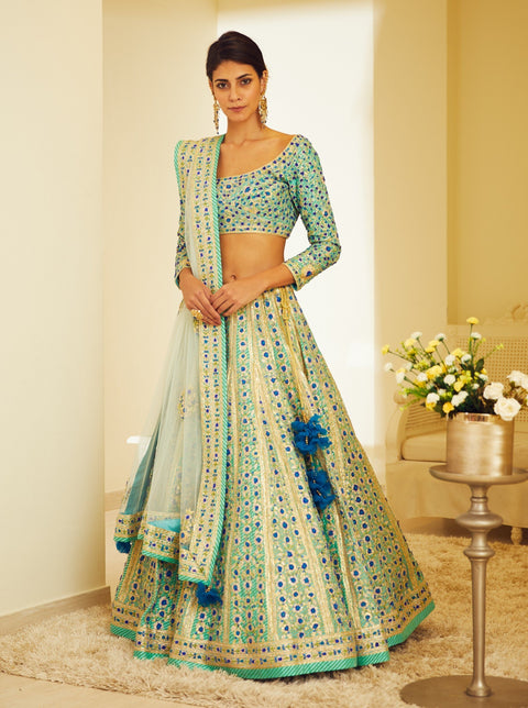 Shyam Narayan Prasad-Blue Embroidered Lehenga Set-INDIASPOPUP.COM