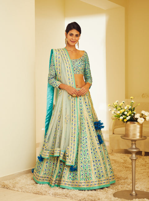 Shyam Narayan Prasad-Blue Embroidered Lehenga Set-INDIASPOPUP.COM