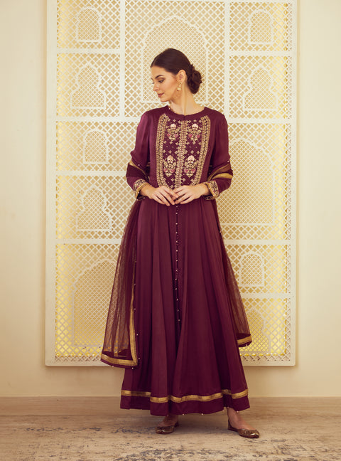 Shyam Narayan Prasad-Wine Anarkali With Trouser-INDIASPOPUP.COM