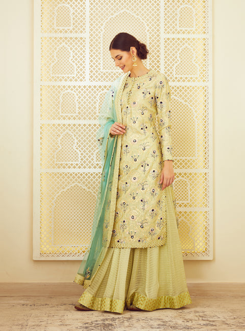Shyam Narayan Prasad-Lemon Green Kurti And Skirt Set-INDIASPOPUP.COM