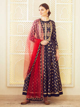 Shyam Narayan Prasad-Navy Blue Anarkali Set-INDIASPOPUP.COM