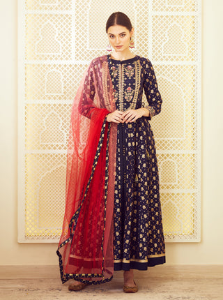 Shyam Narayan Prasad-Navy Blue Anarkali Set-INDIASPOPUP.COM