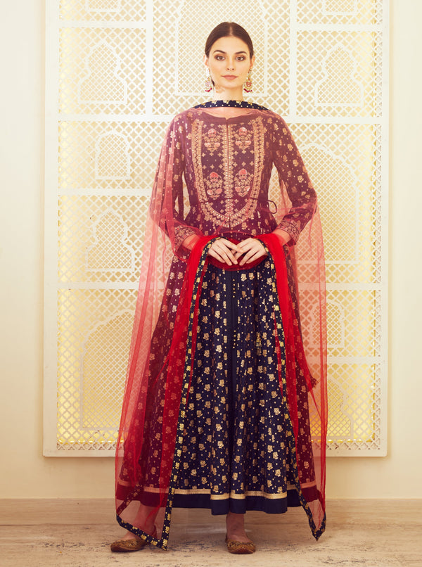 Shyam Narayan Prasad-Navy Blue Anarkali Set-INDIASPOPUP.COM