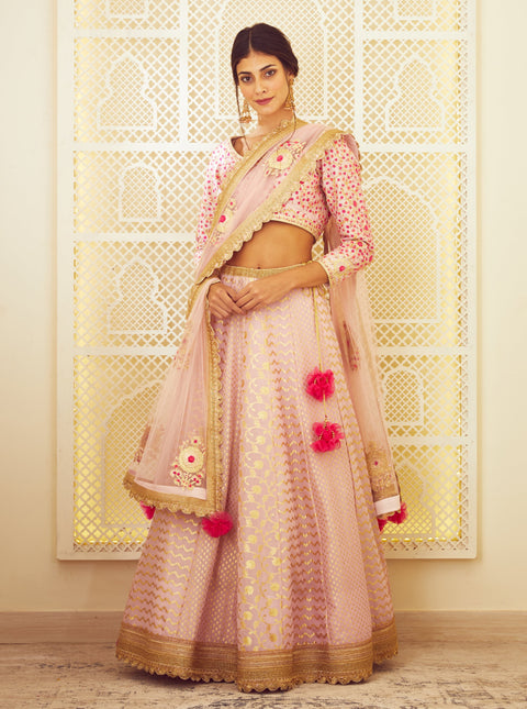 Shyam Narayan Prasad-Light Pink Chanderi Lehenga Set-INDIASPOPUP.COM