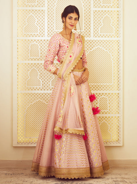 Shyam Narayan Prasad-Light Pink Chanderi Lehenga Set-INDIASPOPUP.COM