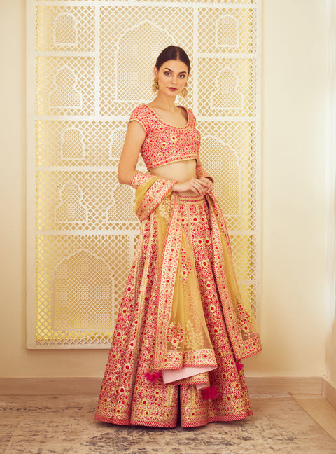 Shyam Narayan Prasad-Red & Pink Embroidered Lehenga Set-INDIASPOPUP.COM