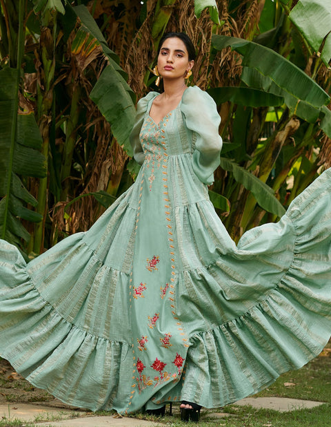 Chandrima-Jade Stripe Chanderi Tiered Maxi Dress-INDIASPOPUP.COM
