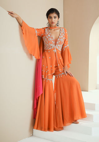 Orange Embellished Peplum Top With Gharara And Dupatta