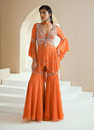 Orange Embellished Peplum Top With Gharara And Dupatta