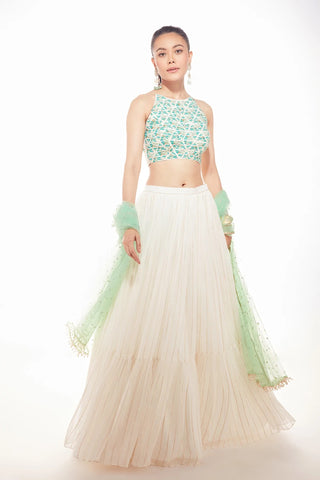 Chamee And Palak-Ivory Tiered Skirt With Blouse And Dupatta-INDIASPOPUP.COM