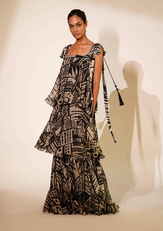 Nikita Mhaisalkar-White Abstract Print Tiered Maxi Dress-INDIASPOPUP.COM