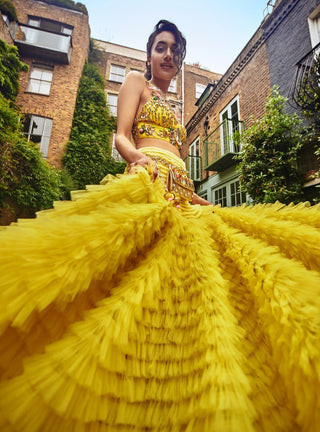 Papa Don'T Preach By Shubhika-Lime Yellow Ruffled Skirt Set-INDIASPOPUP.COM