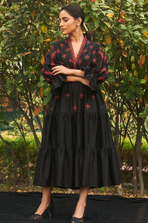 Chandrima | Black Smocked Midi Dress | INDIASPOPUP.COM