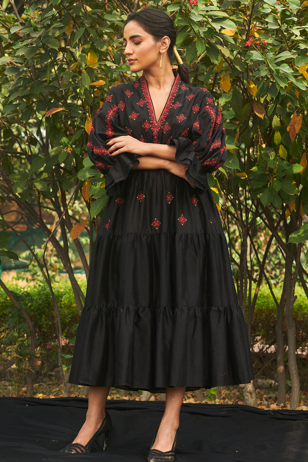 Chandrima-Black Smocked Midi Dress-INDIASPOPUP.COM