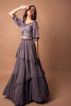 K-Anshika-Grey Draped Blouse & Triple Layered Skirt-INDIASPOPUP.COM
