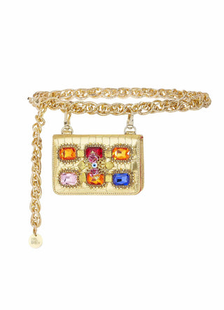 Papa Don'T Preach By Shubhika-Bejewelled Gold Chain Link Belt Bag-INDIASPOPUP.COM