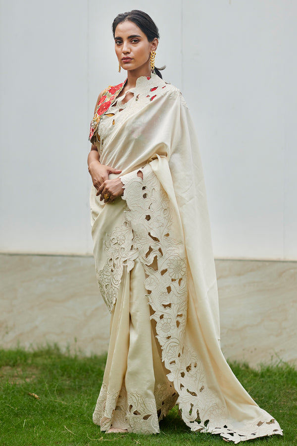 Chandrima-Ivory Cutwork Saree Set With Bolero-INDIASPOPUP.COM