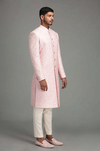 Chatenya Mittal-Pink Floral Embroidered Sherwani With Pant-INDIASPOPUP.COM